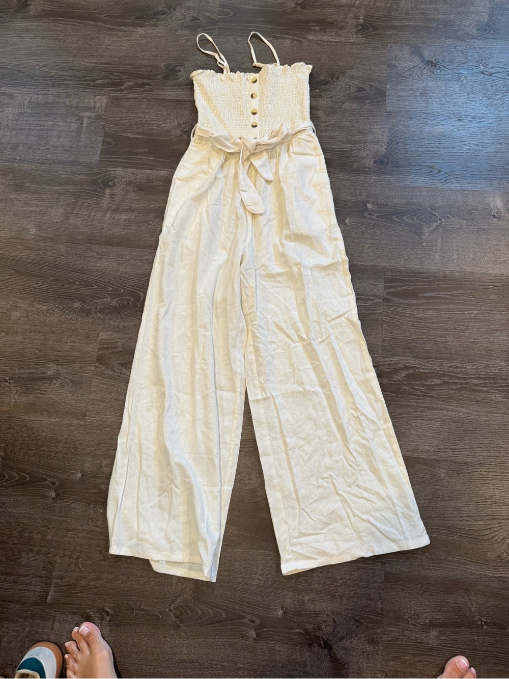 Guess Cream Smocked Wide-Leg Jumpsuit with Tie Waist